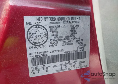 2003 Ford Escape Xlt z USA, uszkodzony, nr VIN 1FMYU93123KB74415